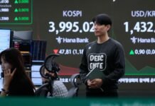 Global shares mostly fall as region watches for outcome from Trump’s visit