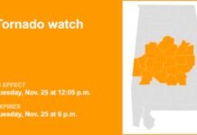 Tornado watch in place for Central Alabama until Tuesday evening