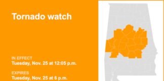 Tornado watch in place for Central Alabama until Tuesday evening