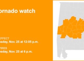 Tornado watch in place for Central Alabama until Tuesday evening
