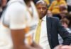 Missouri head coach Dennis Gates watches Missouri guard Anthony Robinson