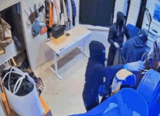 Video shows terrifying moment masked California burglars blitz high-end store, escape in luxury SUVs