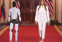 Melania Trump shares the spotlight with a robot at an education and technology event