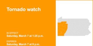 Tornado watch affecting part of Pennsylvania until Saturday evening