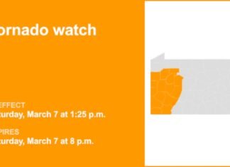 Tornado watch affecting part of Pennsylvania until Saturday evening
