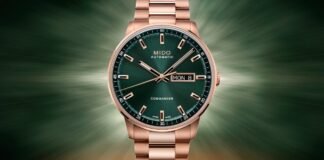 Mido Commander Datoday in rose gold PVD with green
dial