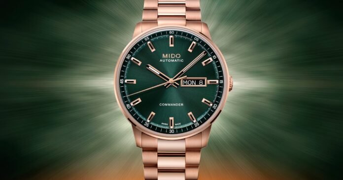 Mido Commander Datoday in rose gold PVD with green
dial