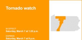 Tornado watch in place for part of Pennsylvania until Saturday evening