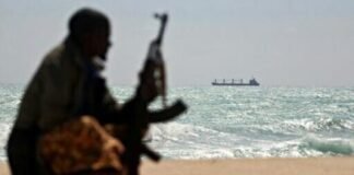 An armed Somali watches a Greek cargo ship anchored off NE Somalia in 2010