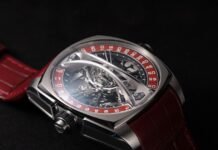 Cyrus Klepcys Vertical Tourbillon Jasper reinterprets its
sculptural display with red jasper