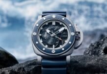 Panerai unveils Submersible GMT PAM01495 in DMLS titanium
with skeletonised calibre