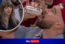 Taylor Swift watches on as Travis Kelce downs a beer in one ahead of the NBA game between NY Knicks and Cleveland Cavaliers!