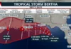 Tropical Storm Bertha; tropical storm and storm surge watches are in effect for parts of Florida