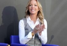 Lakers governor Jeanie Buss watches at the unveiling of a statue for former Lakers coach Pat Riley at the Crypto.com Arena in Los Angeles on Feb. 22, 2026.