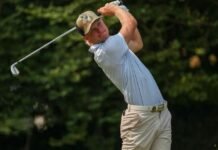 Brandon Knight watches his tee shot at the 11th hole during the round of 16 of the 2026 U.S. Amateur at Merion Golf Club in Ardmore, Pa. on Thursday, Aug. 13, 2026.
