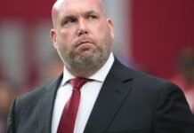 Arizona Cardinals general manager Steve Keim watches pre-game warmups before playing against the San Francisco 49ers at State Farm Stadium.