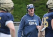 Zips coach Joe Moorhead watches his team during the University of Akron Zips football Spring Showcase on April 25, 2026, in