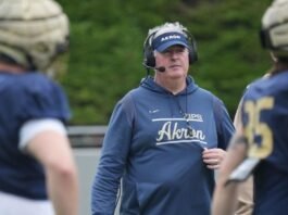 Zips coach Joe Moorhead watches his team during the University of Akron Zips football Spring Showcase on April 25, 2026, in