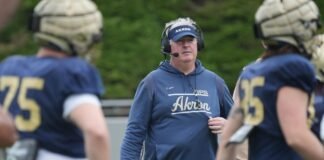 Zips coach Joe Moorhead watches his team during the University of Akron Zips football Spring Showcase on April 25, 2026, in