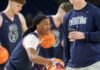 UConn Huskies head coach Dan Hurley watches practice ahead of a Final Four game on Friday, April 3, 2026, at Lucas Oil Stadium in Indianapolis.