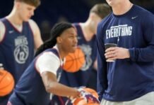 UConn Huskies head coach Dan Hurley watches practice ahead of a Final Four game on Friday, April 3, 2026, at Lucas Oil Stadium in Indianapolis.