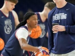 UConn Huskies head coach Dan Hurley watches practice ahead of a Final Four game on Friday, April 3, 2026, at Lucas Oil Stadium in Indianapolis.