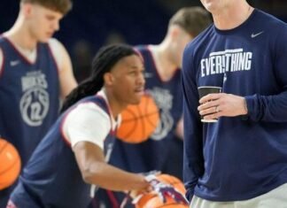 UConn Huskies head coach Dan Hurley watches practice ahead of a Final Four game on Friday, April 3, 2026, at Lucas Oil Stadium in Indianapolis.