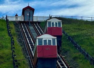 Two bespoke carriages went back onto the rails of the Saltburn cliff tramway, and the system that moves them runs on water